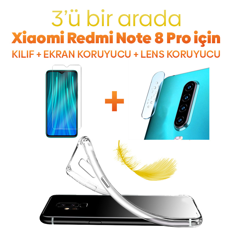 xiaomi redmi note 8 pro kılıfı ekran koruyucu ve kamera lens koruyucu seti