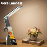 Dijital Saatli 15W Kablosuz LED Işıklı Katlanabilir Masa Lambası