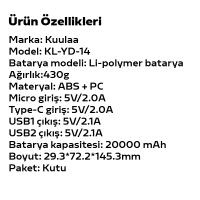 KUULAA 20000mAh Hızlı Şarj PowerBank Çift Güç Bankası QC3.0 PD3.0