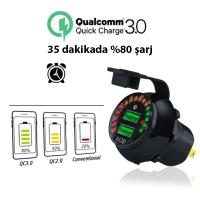 QC3.0 Araç Su Geçirmez 12V Çift USB Şarj Soketi LED Voltmetre