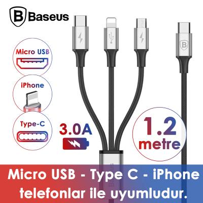 Baseus Rapid Serisi 3in1 Type-C iPhone ve Mikro USB Şarj Kablosu