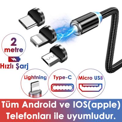 Manyetik Mıknatıslı 3in1 iPhone+Type-C+Mikro USB Şarj Kablosu 2mt