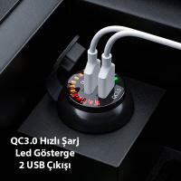QC3.0 Araç Su Geçirmez 12V Çift USB Şarj Soketi LED Voltmetre